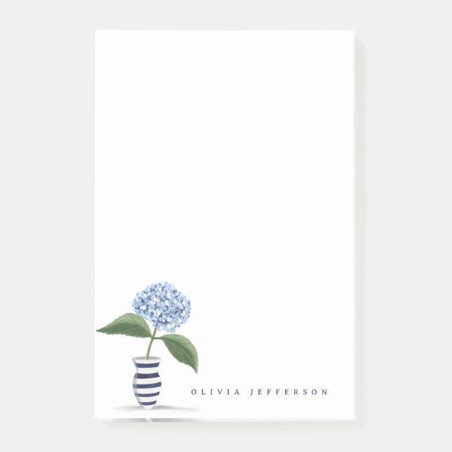 Blue Hydrangea and Navy Striped Vase Personalised Post-it Notes (Front)