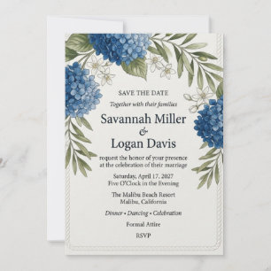 Blue Hydrangea and Olive Greenery Watercolor Invitation