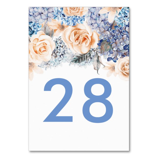 Blue Hydrangea and Peach Roses Wedding Table Number (Back)