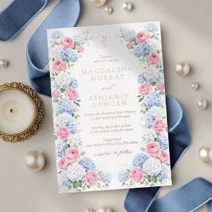 Blue Hydrangea and Pink Rose Floral Garden Wedding