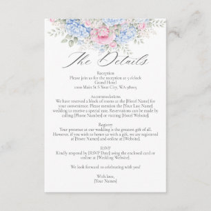 Blue Hydrangea and Pink Rose Floral Garden Wedding Enclosure Card