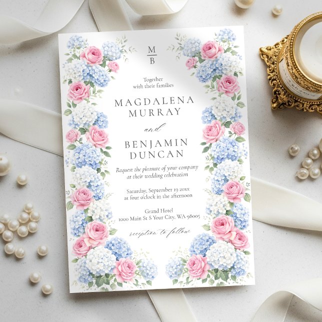 Blue Hydrangea and Pink Rose Floral Garden Wedding Invitation (Creator Uploaded)
