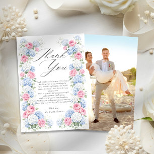 Blue Hydrangea and Pink Rose Floral Garden Wedding Thank You Card