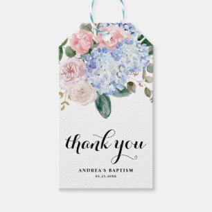 Blue Hydrangea and Pink Roses Baptism Thank You Gift Tags