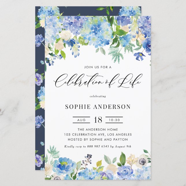 Blue Hydrangea and Rose Celebration of Life invite (Front/Back)