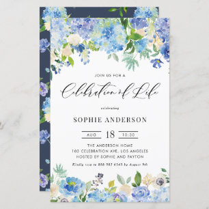Blue Hydrangea and Rose Celebration of Life invite