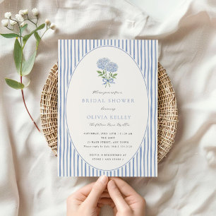 Blue Hydrangea and Stripes Bridal Shower Blue Invitation
