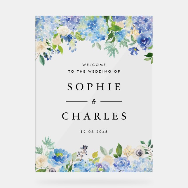 Blue Hydrangea and White Anemone Wedding Welcome Acrylic Sign (Front)