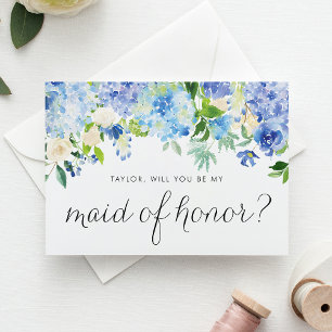 Blue Hydrangea and White Rose Floral Maid of Honor Card
