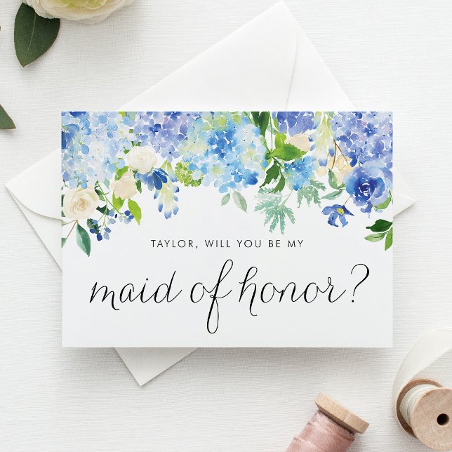 Blue Hydrangea and White Rose Floral Maid of Honou Card (Blue hydrangea and white rose maid of honor card with greenery for floral-themed wedding proposals.)
