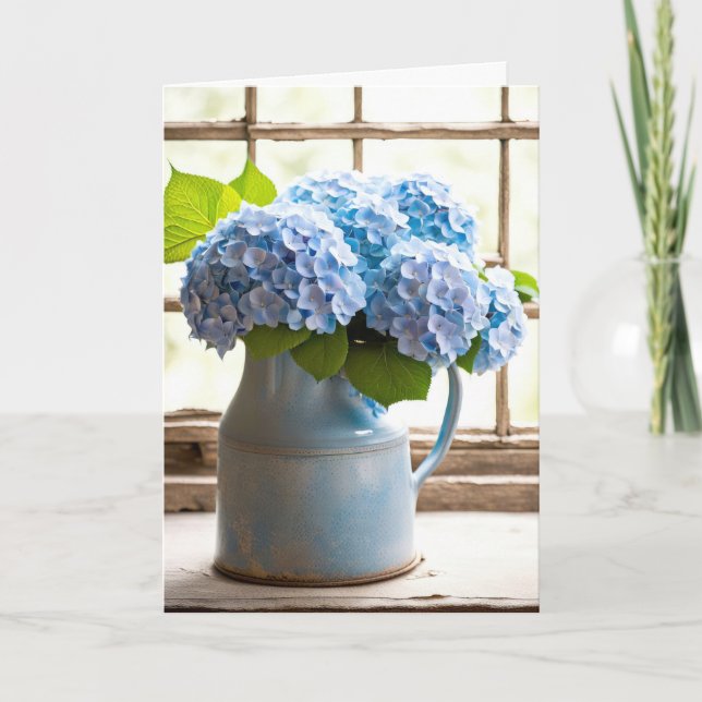 Blue Hydrangea Anniversary Bouquet In Window Card (Front)