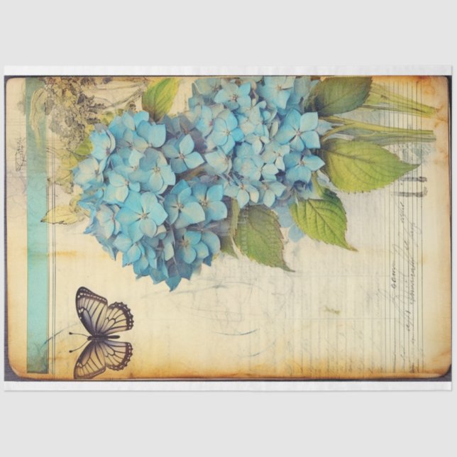 Blue hydrangea antique manuscript ephemera  tissue paper (Front)