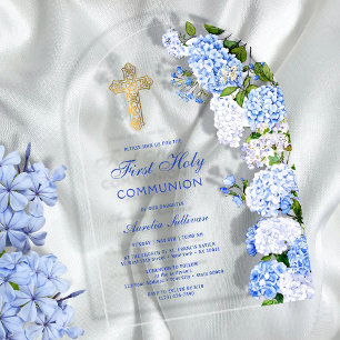 Blue Hydrangea Arch First Communion Acrylic Invitations