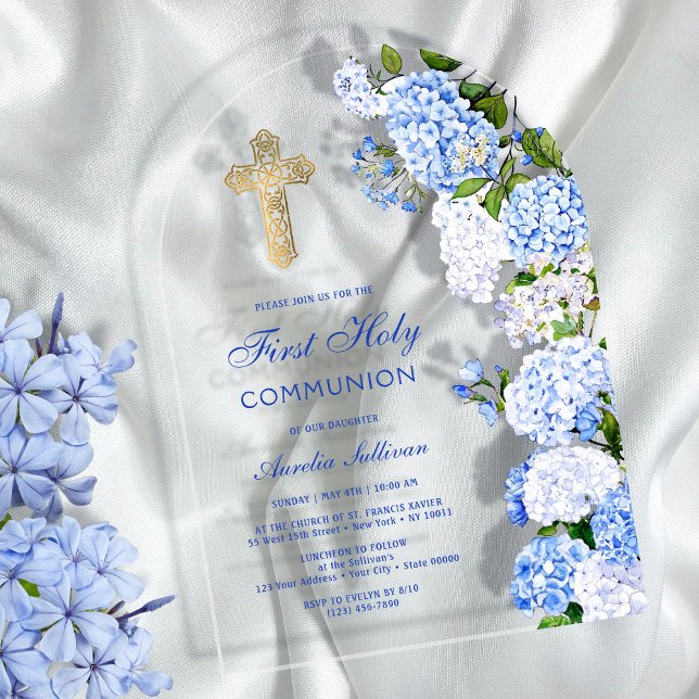 Blue Hydrangea Arch First Communion Acrylic Invitations (Creator Uploaded)