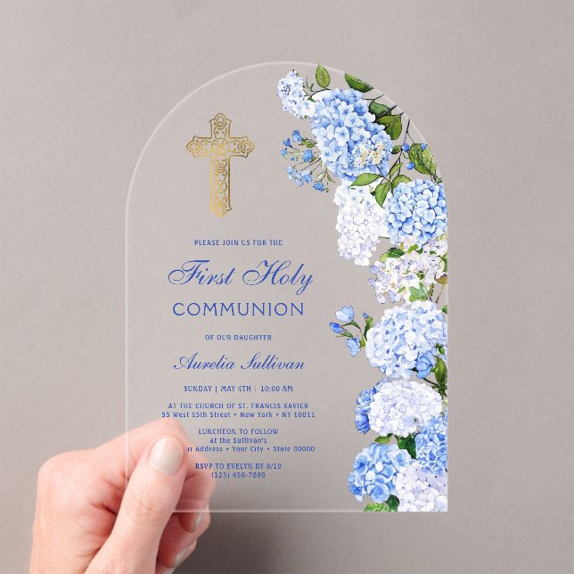Blue Hydrangea Arch First Communion Acrylic Invitations (Insitu (Handheld))