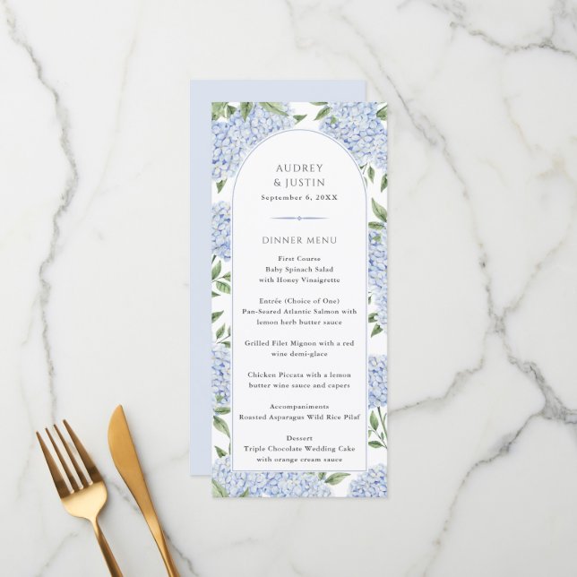 Blue Hydrangea Arch Wedding Menu Card (Front/Back In Situ)