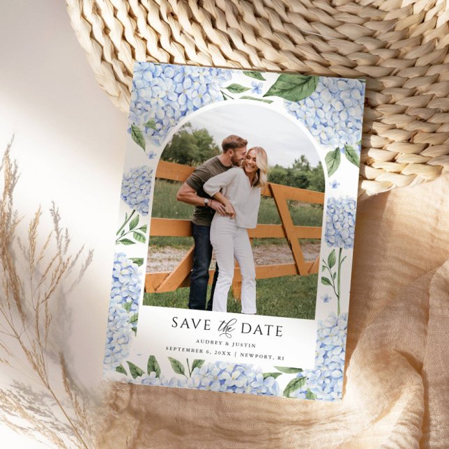Blue Hydrangea Arched Photo Save the Date Invitation (Beautiful Hydrangea Save the Date with Your Photo)