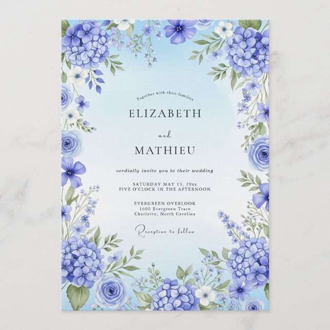 Blue Hydrangea Artistic Bloom Wedding Invitation (Front)