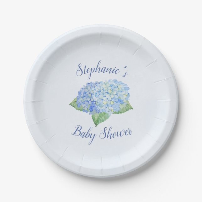 Blue Hydrangea Baby Shower Personalised Paper Plate (Front)