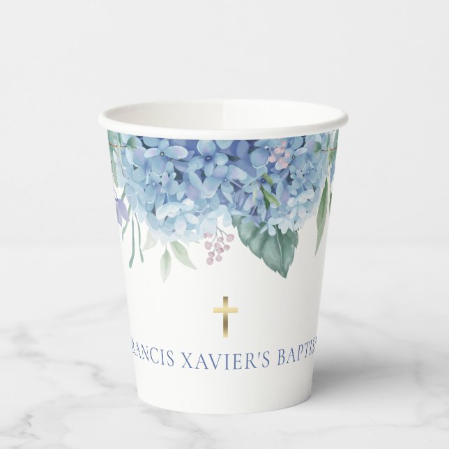 blue Hydrangea Baptism Paper Cups (Left)