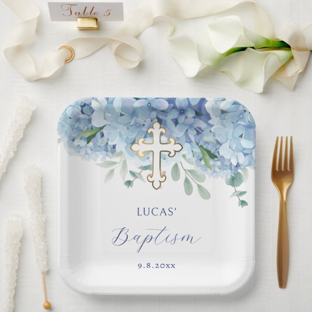 Blue Hydrangea Baptism Paper Plate (Wedding)