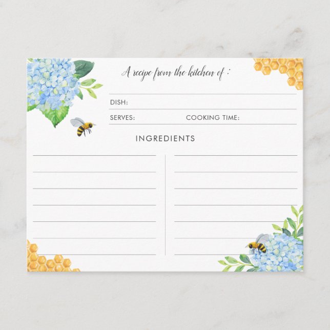Blue Hydrangea Bee Botanical Recipe Cards (Front)