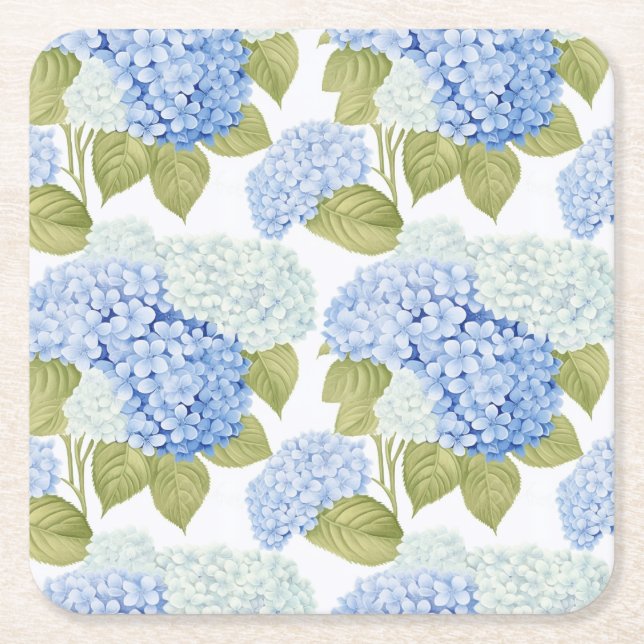 Blue Hydrangea Bloom Garden Party Paper Coasters (Front)