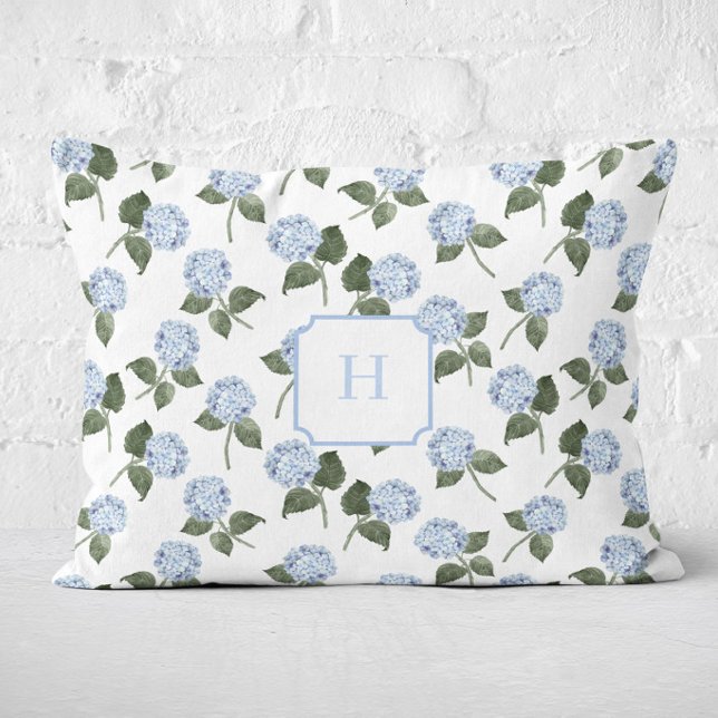 Blue Hydrangea Bloom Monogram   Decorative Cushion (Hydrangea Bloom Blue Monogram Lumbar Pillow)