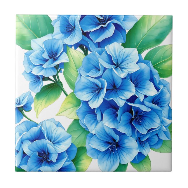 Blue Hydrangea Blooms Floral Pattern Ceramic Tile (Front)