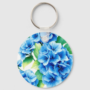 Blue Hydrangea Blooms Floral Pattern Key Ring