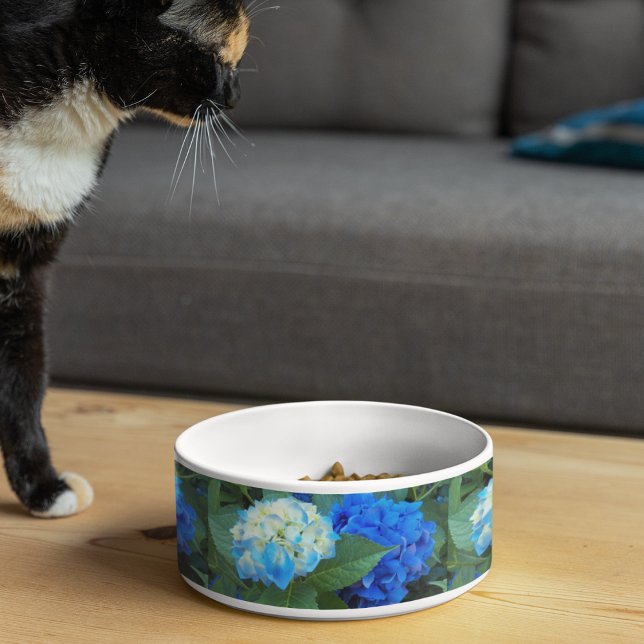 Blue Hydrangea Blooms Floral Pattern Pet Bowl (In Situ)