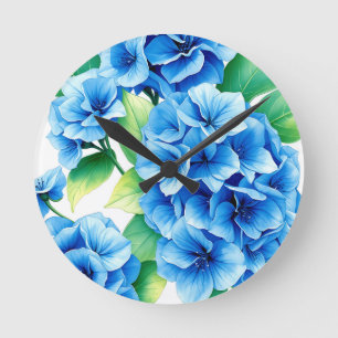 Blue Hydrangea Blooms Floral Pattern Round Clock
