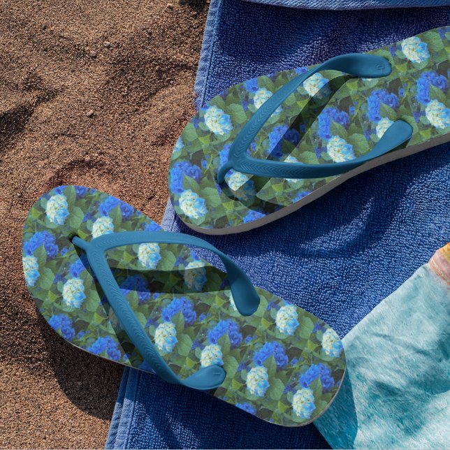 Blue Hydrangea Blooms Floral Pattern Thongs (In Situ)