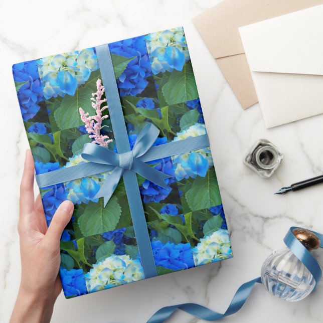 Blue Hydrangea Blooms Floral Pattern Wrapping Paper (Gifting)