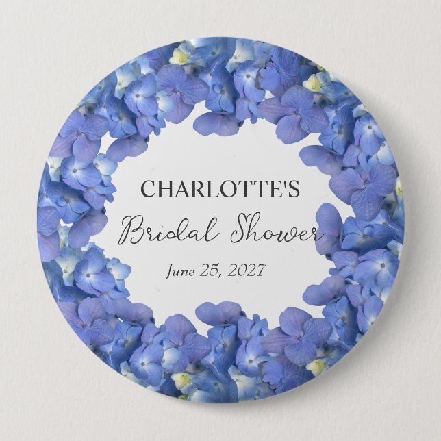 Blue Hydrangea Blooms Personalised Bridal Shower 10 Cm Round Badge (Front)
