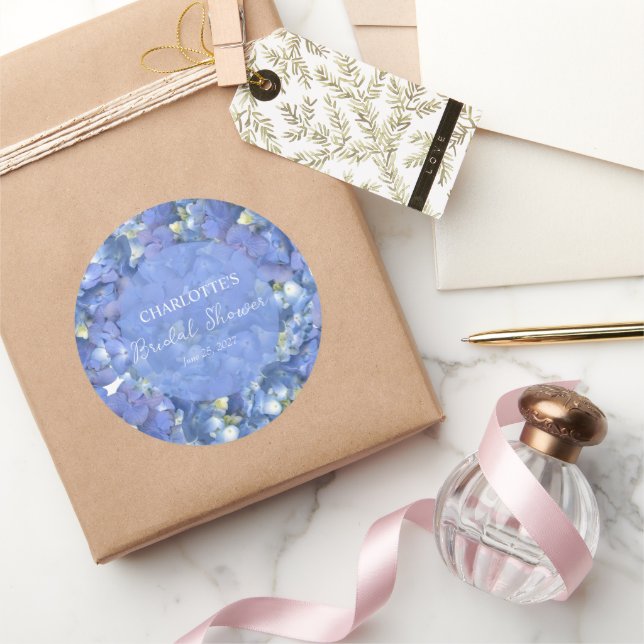 Blue Hydrangea Blooms Personalised Bridal Shower Classic Round Sticker (Gifting)