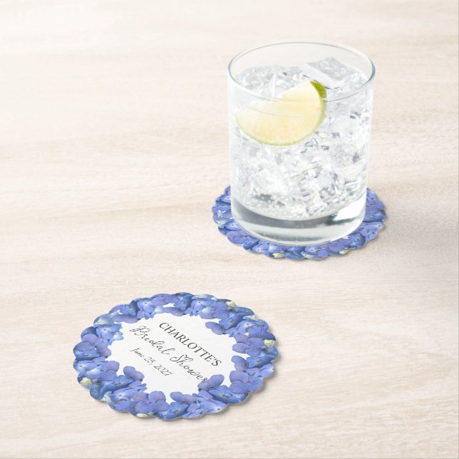 Blue Hydrangea Blooms Personalised Bridal Shower Paper Coaster (Insitu)