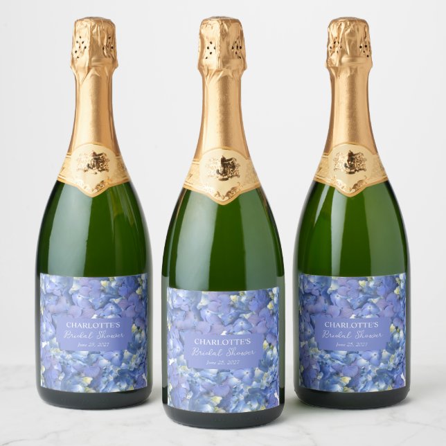 Blue Hydrangea Blooms Personalised Bridal Shower Sparkling Wine Label (Bottles)