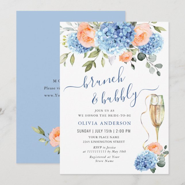 Blue Hydrangea Blush Pink Roses BRIDAL SHOWER Invitation (Front/Back)