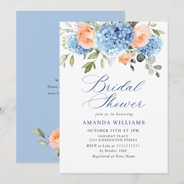 Blue Hydrangea Blush Pink Roses BRIDAL SHOWER Invitation (Front/Back)
