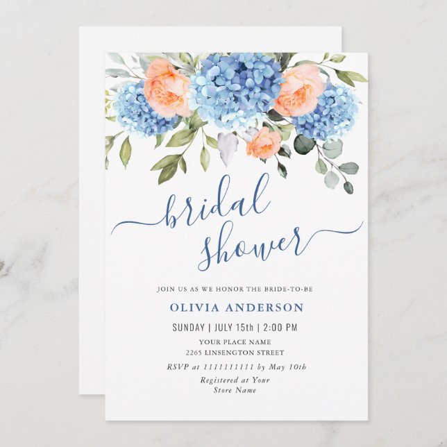 Blue Hydrangea Blush Pink Roses BRIDAL SHOWER Invitation (Front/Back)