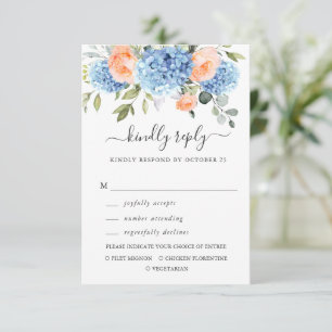 Blue Hydrangea Blush Pink Roses Flowers Wedding RSVP Card