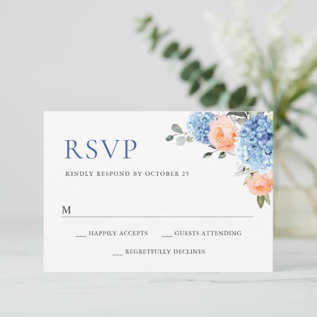 Blue Hydrangea Blush Pink Roses Flowers Wedding RSVP Card (Standing Front)