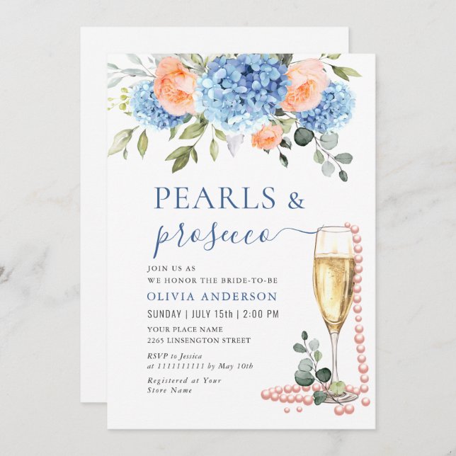 Blue Hydrangea Blush Pink Roses PEARLS & Prosecco Invitation (Front/Back)