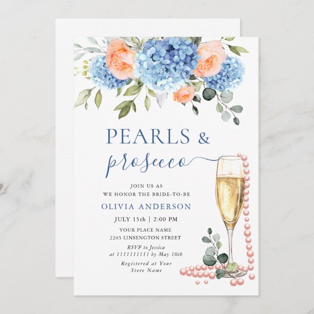 Blue Hydrangea Blush Pink Roses PEARLS & Prosecco Invitation (Front/Back)