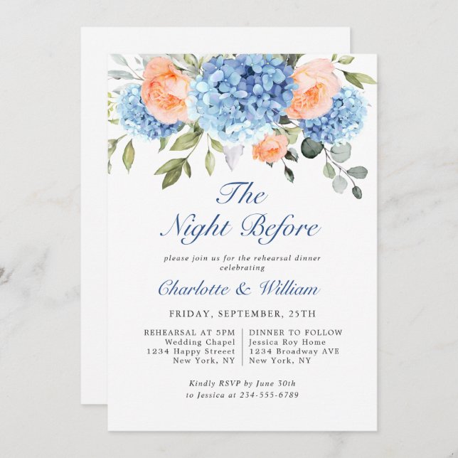 Blue Hydrangea Blush Pink Roses Rehearsal Dinner Invitation (Front/Back)