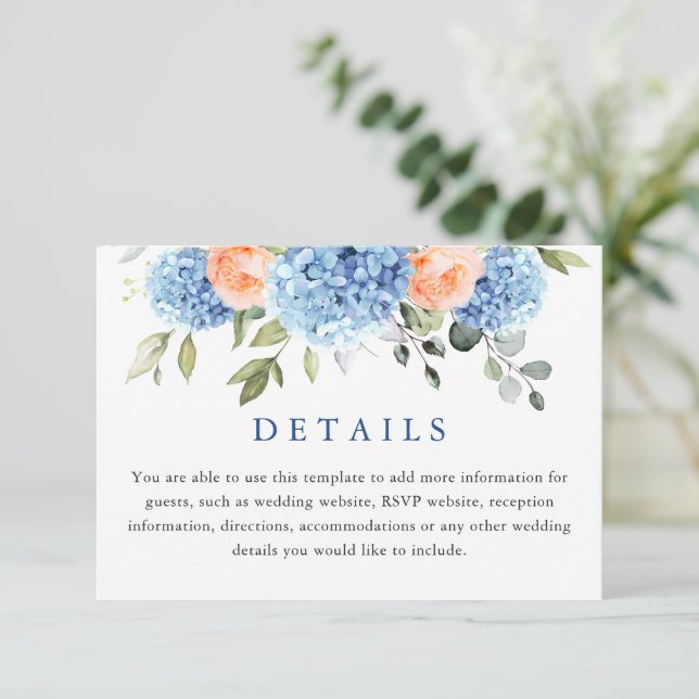 Blue Hydrangea Blush Pink Roses Wedding Details Enclosure Card (Standing Front)
