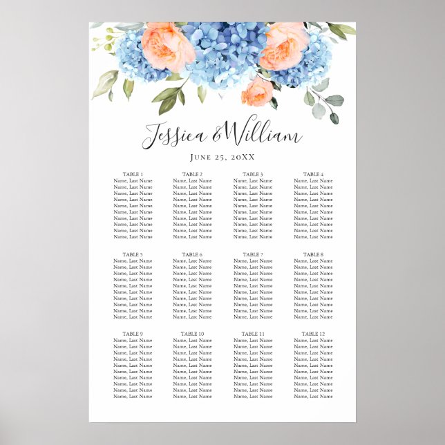 Blue Hydrangea Blush Rose 12 Tables SEATING CHART (Front)