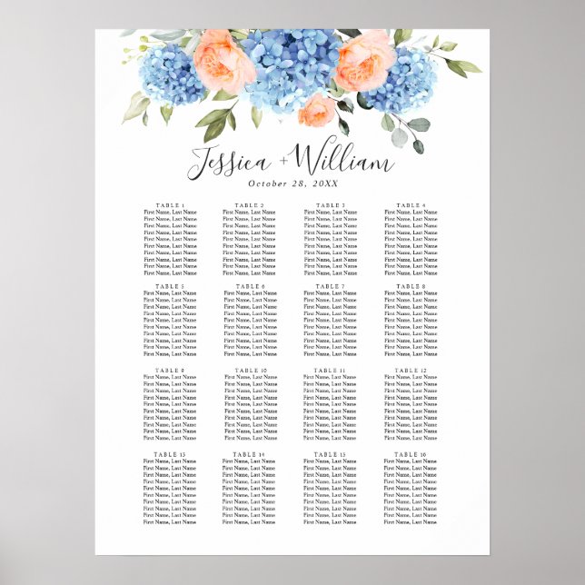 Blue Hydrangea Blush Rose 15 Tables SEATING CHART (Front)