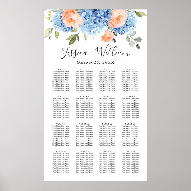 Blue Hydrangea Blush Rose 16 Tables SEATING CHART (Front)